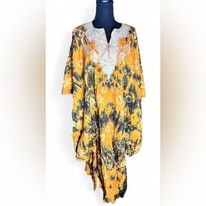 Women’s Orange & Black Tie‑Dye Kaftan Dress • Boho Maxi • Resort • One Size